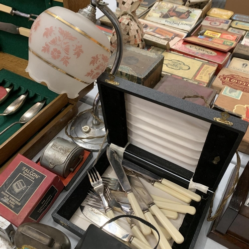 205 - VARIOUS VINTAGE ITEMS TO INLCUDE CASED EPNS, BOXED FALCON SHARPENER, COW BELL, DESK CALENDAR ETC