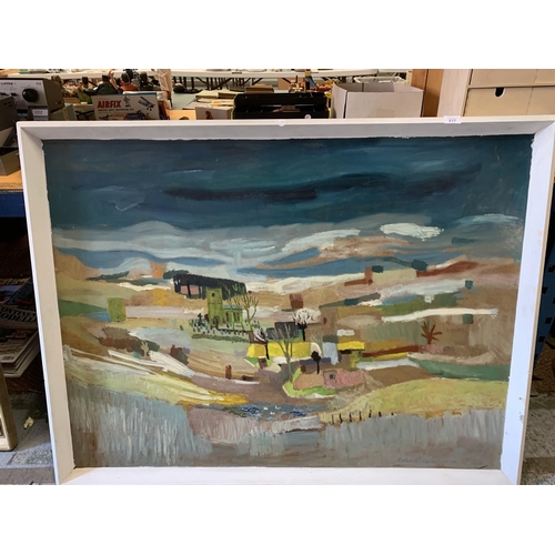 217 - A LARGE FRAMED ABSTRACT PAINTING SIGNED THOUGHT TO BE OF NORTHUMBERLAND