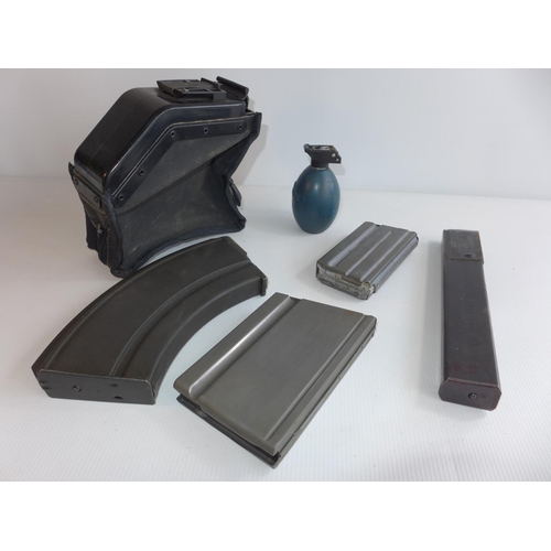 322 - FIVE MACHINE GUN MAGAZINES AND A CHORLEY PRACTICE GRENADE