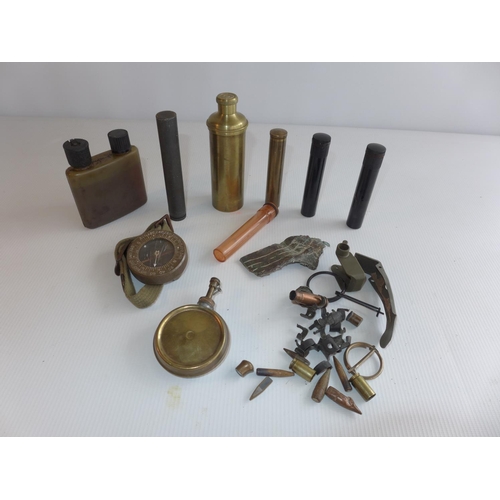 324 - A COLLECTION OF ASSORTED OIL BOTTLES, SHRAPNEL, FIRED BULLETS, COMPASS WATCH ETC