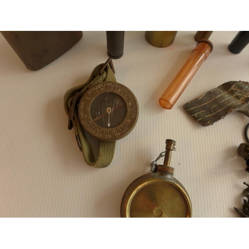 324 - A COLLECTION OF ASSORTED OIL BOTTLES, SHRAPNEL, FIRED BULLETS, COMPASS WATCH ETC