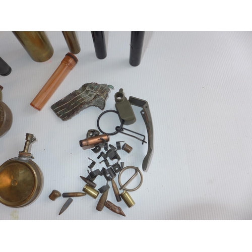 324 - A COLLECTION OF ASSORTED OIL BOTTLES, SHRAPNEL, FIRED BULLETS, COMPASS WATCH ETC