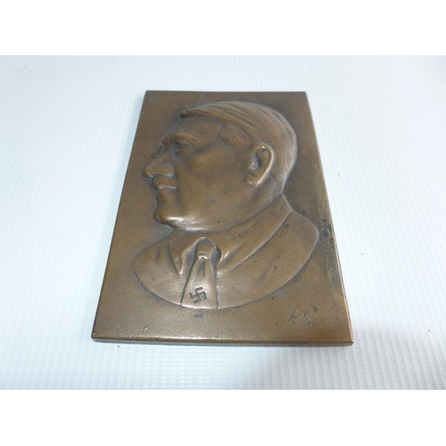 361 - A BRONZE PLAQUE DEPICTING ADOLPH HITLER, MARKED WITH A SWASTIKA AND P.S. 13.5cm x 9cm