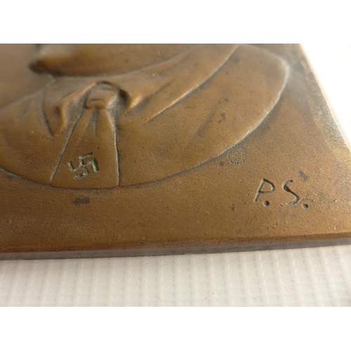 361 - A BRONZE PLAQUE DEPICTING ADOLPH HITLER, MARKED WITH A SWASTIKA AND P.S. 13.5cm x 9cm