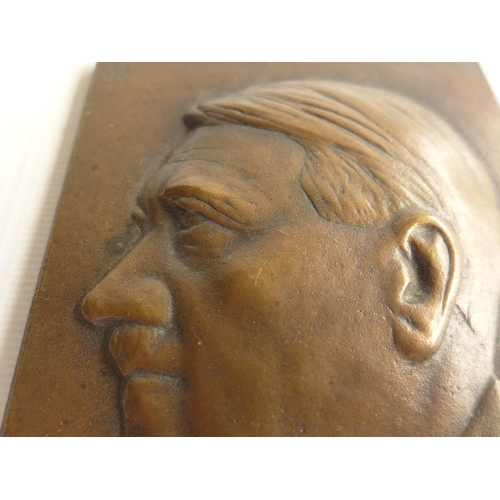 361 - A BRONZE PLAQUE DEPICTING ADOLPH HITLER, MARKED WITH A SWASTIKA AND P.S. 13.5cm x 9cm