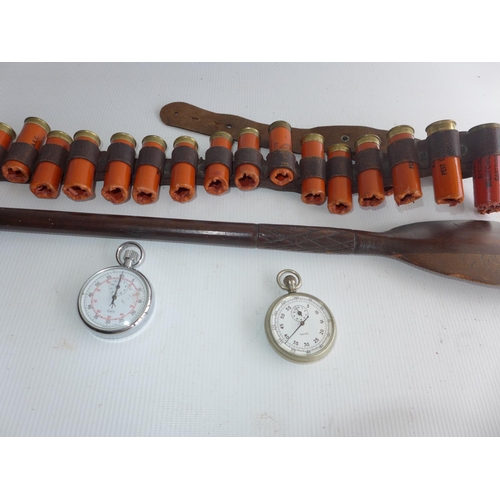 372 - AN AIR MINISTRY STOPWATCH, MARKED A.M. 6B/221, ANOTHER STOPWATCH, GUN BELT AND A WOODEN SPEAR