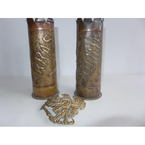 396 - TWO WORLD WAR I TRENCH ART SHELL CASES DATED 1915 AND 1917, DECORATION OF SOMME AND ARRAS AND A BAVA... 