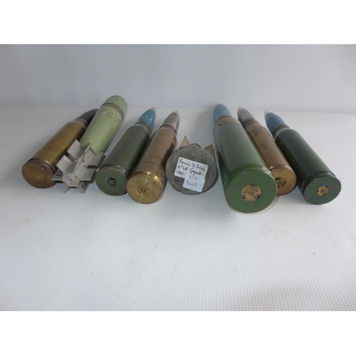 403 - A COLLECTION OF SIX INERT SHELLS TO INCLUDE AN OERLIKAN 35MM FROM THE FALKLANDS, PART OF A WWII GREN... 