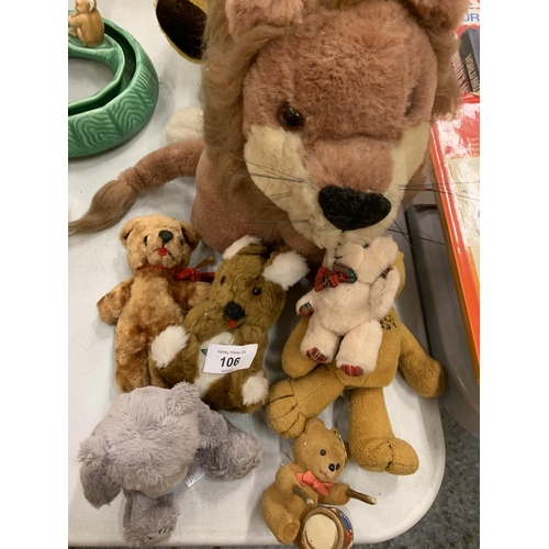 106 - SIX MINI TEDDY BEARS TO INCLUDE A 'CHARLIE BEAR' AND THREE LARGER ITEMS - A LION, A RABBIT AND A BEA... 