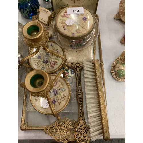 114 - A VINTAGE DRESSING TABLE SET WITH GLASS AND SILVER SCENT BOTTLES AND VASE