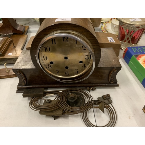 128 - A SELECTION OF THREE WOODEN MANTEL CLOCKS WITH WEIGHTS