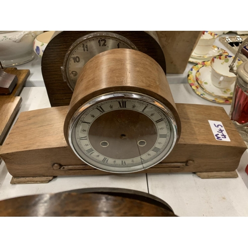 128 - A SELECTION OF THREE WOODEN MANTEL CLOCKS WITH WEIGHTS