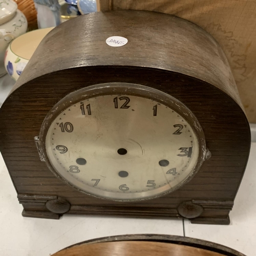 128 - A SELECTION OF THREE WOODEN MANTEL CLOCKS WITH WEIGHTS