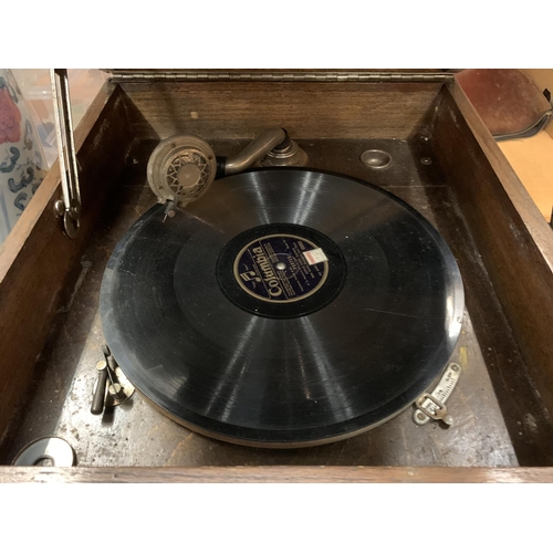 26 - A VINTAGE WOODEN GRAMOPHONE