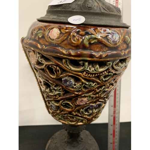 37 - AN ITALIAN METAL & MAJOLICA LARGE AMPHORA