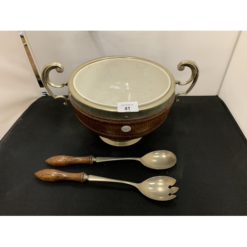 41 - A WOODEN AND SILVER PLATE SALAD BOWL WITH MATCHING SERVERS