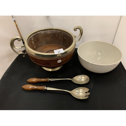 41 - A WOODEN AND SILVER PLATE SALAD BOWL WITH MATCHING SERVERS