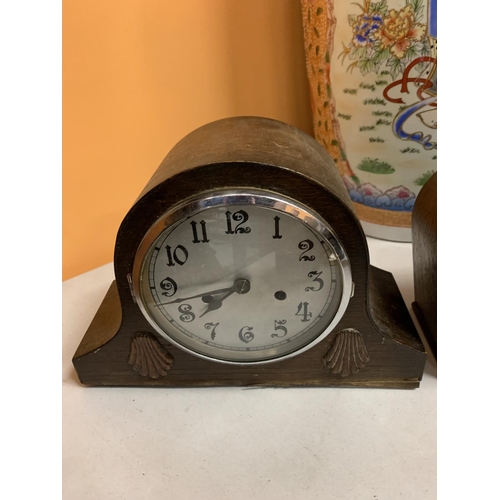 58 - ONE NAPOLEON HAT WOODEN MANTLE CLOCK AND A WOODEN SMITHS MANTEL CLOCK