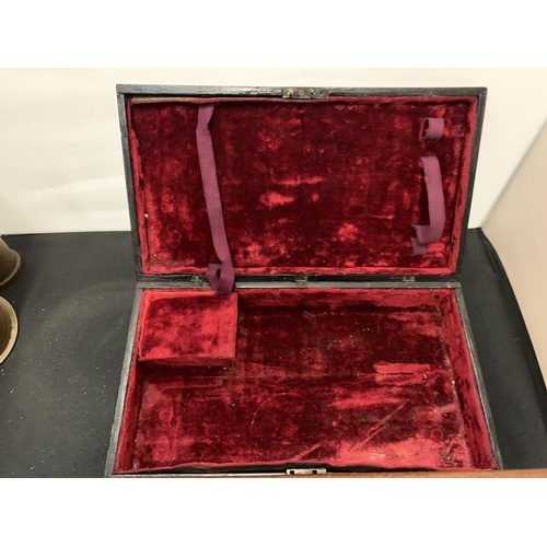 66 - A BLACK LACQUERED JEWELLERY BOX WITH GILT EDGES AND A MAHOGANY WOODEN WRING SLOPE