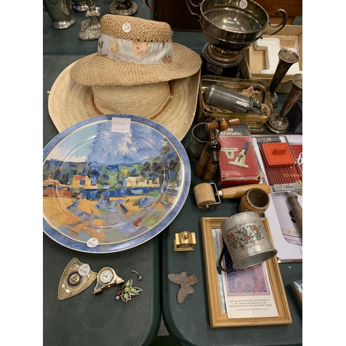 70 - AN ASSORTMENT OF COLLECTABLES TO INCLUDE METAL ITEMS, TWO PLATES, TWO STRAW HATS ETC