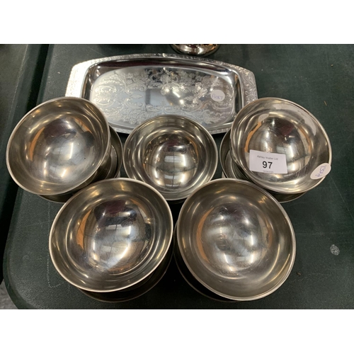 97 - A QUANTITY OF SILVER PLATE INCLUDING THREE TANKARDS