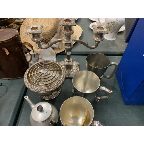 97 - A QUANTITY OF SILVER PLATE INCLUDING THREE TANKARDS