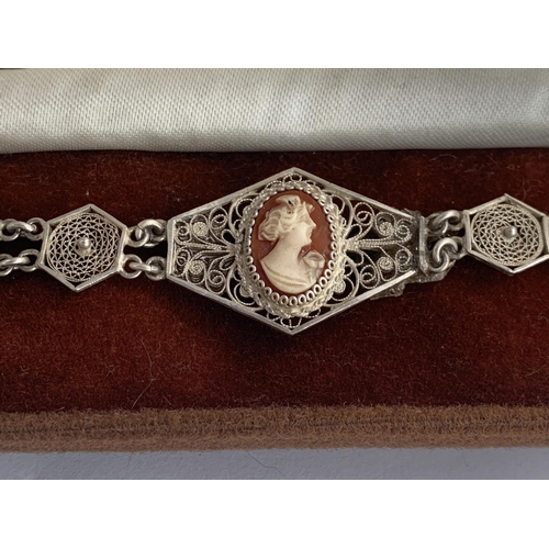 600 - A BOXED WHITE METAL CAMEO BRACELET