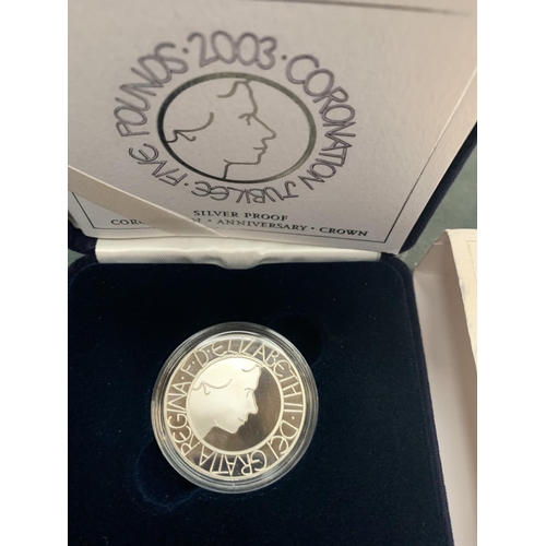 615 - UNITED KINGDOM , “2003 CORONATION JUBILEE” SILVER PROOF £5 CROWN , COMPLETE WITH BOX , OUTER AND COA