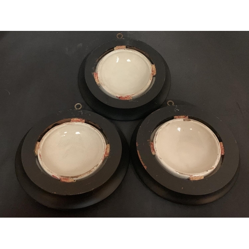 730 - THREE FRAMED PRATTWARE POT LIDS