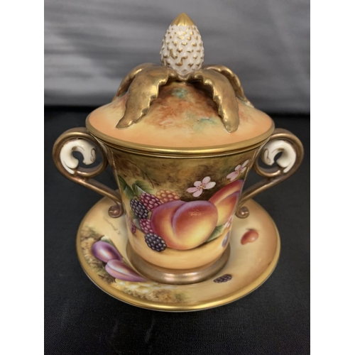 750 - A ROYAL WORCESTER HAND PAINTED FRUIT CUP , COVER AND SAUCER, PAINTED BY J BOWMAN HEIGHT 15.5CM , CON... 