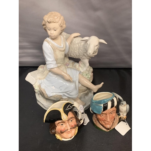 766 - THREE CERAMIC ITEMS TO INCLUDE A MODEL OF A YOUNG GIRL WITH A LAMB AND TWO MINIATURE TOBY JUGS