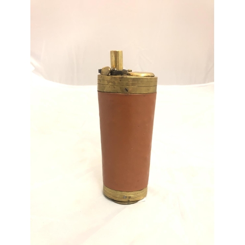 415 - A BRASS AND LEATHER THREE WAY POWDER FLASK