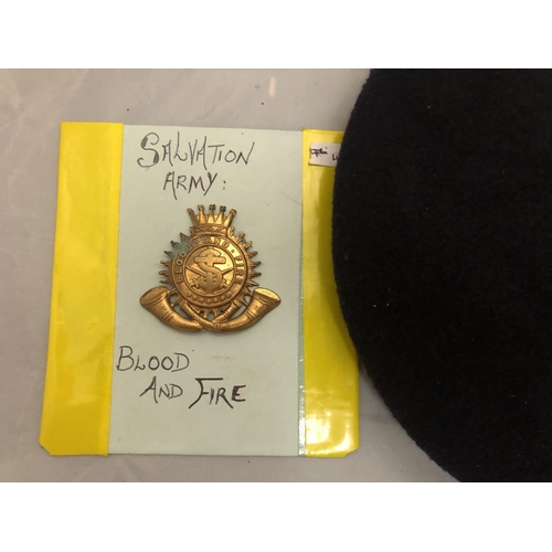 421 - SALVATION ARMY CAP BADGE AND A BLACK BERET WITH ROYAL WELSH FUSILIERS BADGE