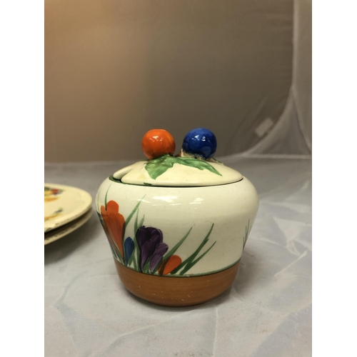 623 - A CLARICE CLIFF HAND PAINTED BIZARRE POT AND COVER IN CROCUS PATTERN, WITH TWO FURTHER CLARICE CLIFF... 