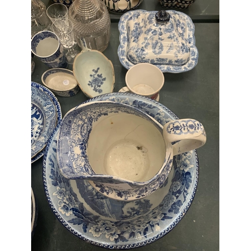 102 - A COLLECTION OF BLUE AND WHITE CERAMICS TO INCLUDE LARGE BOWLS AND VEGETABLE TUREENS