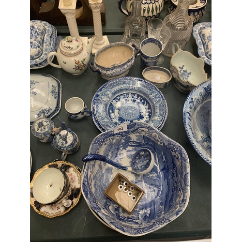 102 - A COLLECTION OF BLUE AND WHITE CERAMICS TO INCLUDE LARGE BOWLS AND VEGETABLE TUREENS