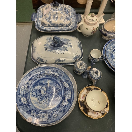 102 - A COLLECTION OF BLUE AND WHITE CERAMICS TO INCLUDE LARGE BOWLS AND VEGETABLE TUREENS