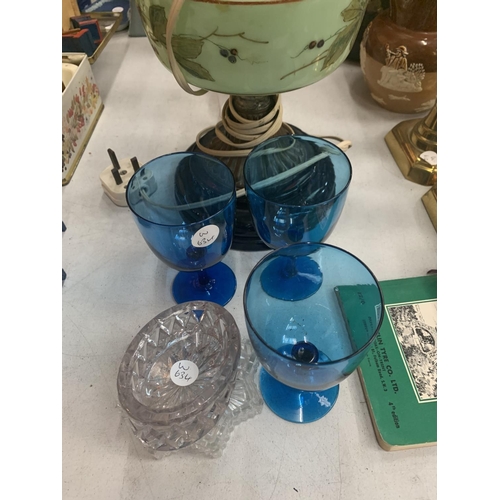 149 - TWO BRASS OIL LAMPS AND GLASS ITEMS