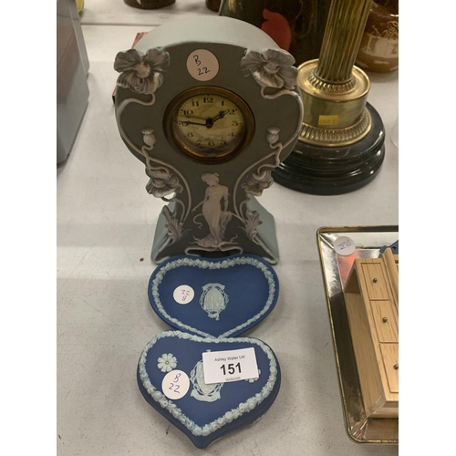 151 - THREE ITEMS OF JASPERWARE TO INCLUDE  GREEN AND WHITE MANTLE CLOCK WITH A DARK BLUE TRINKET BOX AND ... 