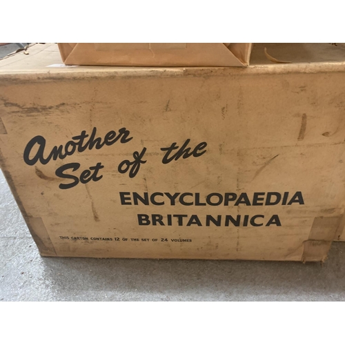 159 - TWO BOXES OF HARD BACKED ENCYCLOPEDIA BRITANNICA, UNOPENED AND EACH VOLUME PRESERVED IN BROWN PAPER