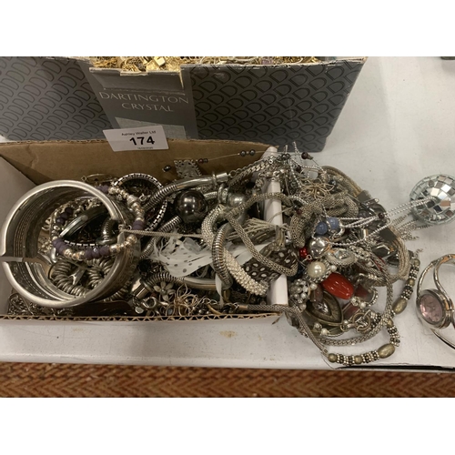 174 - A BOX OF ASSORTED WHITE METAL JEWELLERY