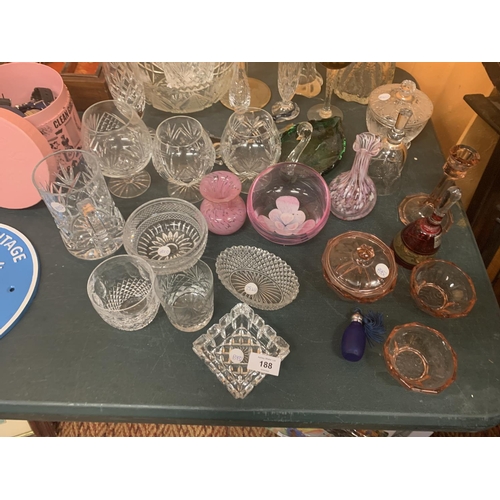 188 - A LARGE COLLECTION OF GLASSWARE INCLUDING JUG AND VASES ETC