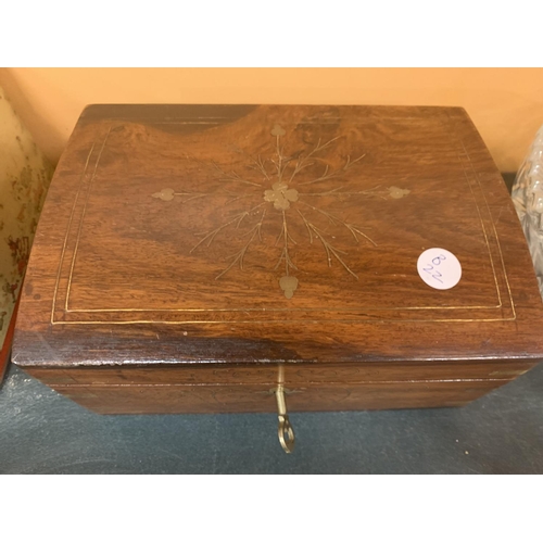 191 - AN INLAID WOODEN JEWELLERY BOX WITH MIRROR, INNER TRAY,KEY AND A LARGE QUANTITY OF COSTUME JEWELLERY