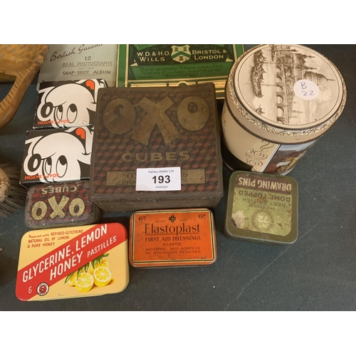 193 - A COLLECTION OF VINTAGE TINS TO INCLUDE OLD BETTY PLANTS SWEETS, OXO, ELASTOPLAST ETC