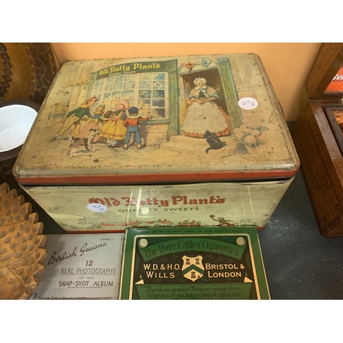 193 - A COLLECTION OF VINTAGE TINS TO INCLUDE OLD BETTY PLANTS SWEETS, OXO, ELASTOPLAST ETC