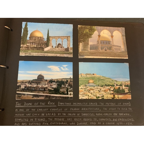 195 - AN ALBUM CONTAINING PICTURES AND POSTCARDS DEPICTING THE JOURNEY TO ISRAEL