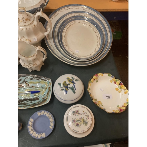 199 - A QUANTITY OF CERAMICS TO INCLUDE MEAT PLATES, DISHES, JASPERWARE, WEDGEWOOD ETC