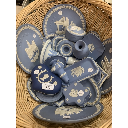 212 - A BASKET OF NUMEROUS BLUE AND WHITE WEDGEWOOD JASPERWARE ITEMS