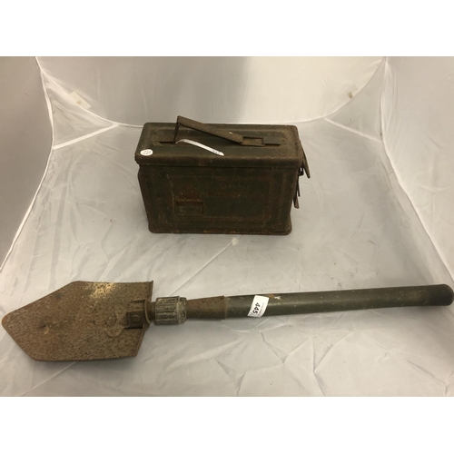 445 - AA MILITARY AMMUNITION BOX AND A FOLDING SHOVEL