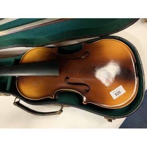 820 - A CASED VIOLIN AND TWO BOWS